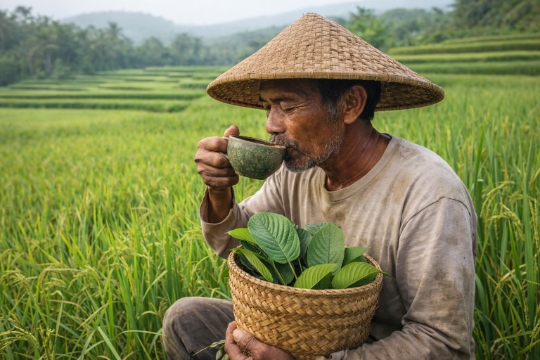 farmer in misty rice fields with kratom tea